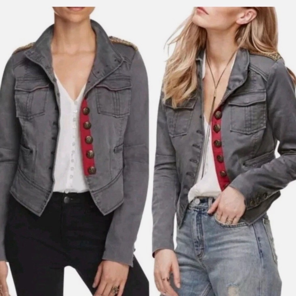 Free People Gray Military Band Jacket Beaded Epaulets Brass Crest Buttons Small